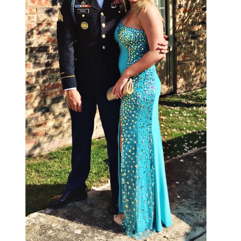 Teal prom dress one shoulder bejeweled